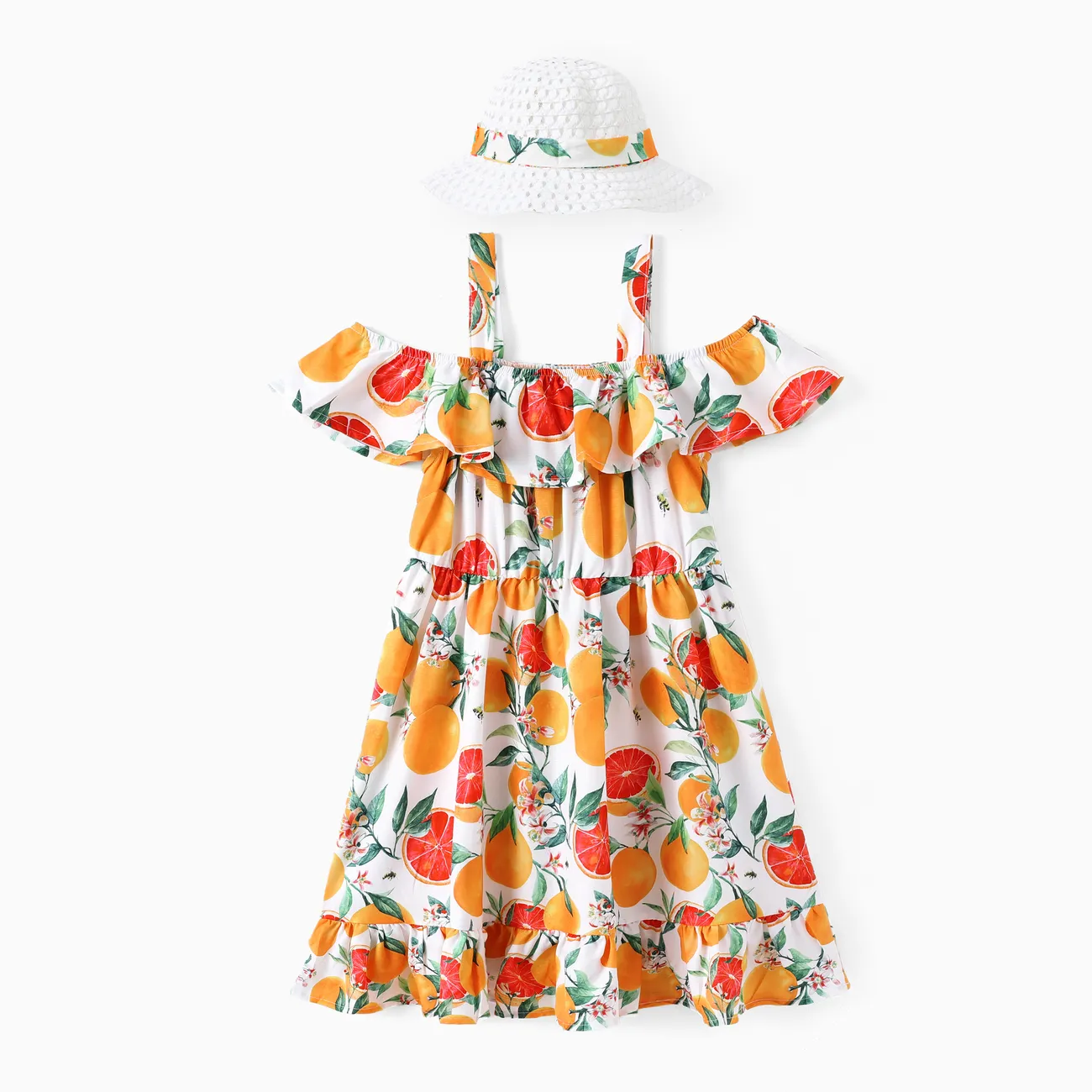 Kid Girl 2pcs Fruit Print Ruffled Cami Dress with Straw Hat Multicolour-1 big image 1
