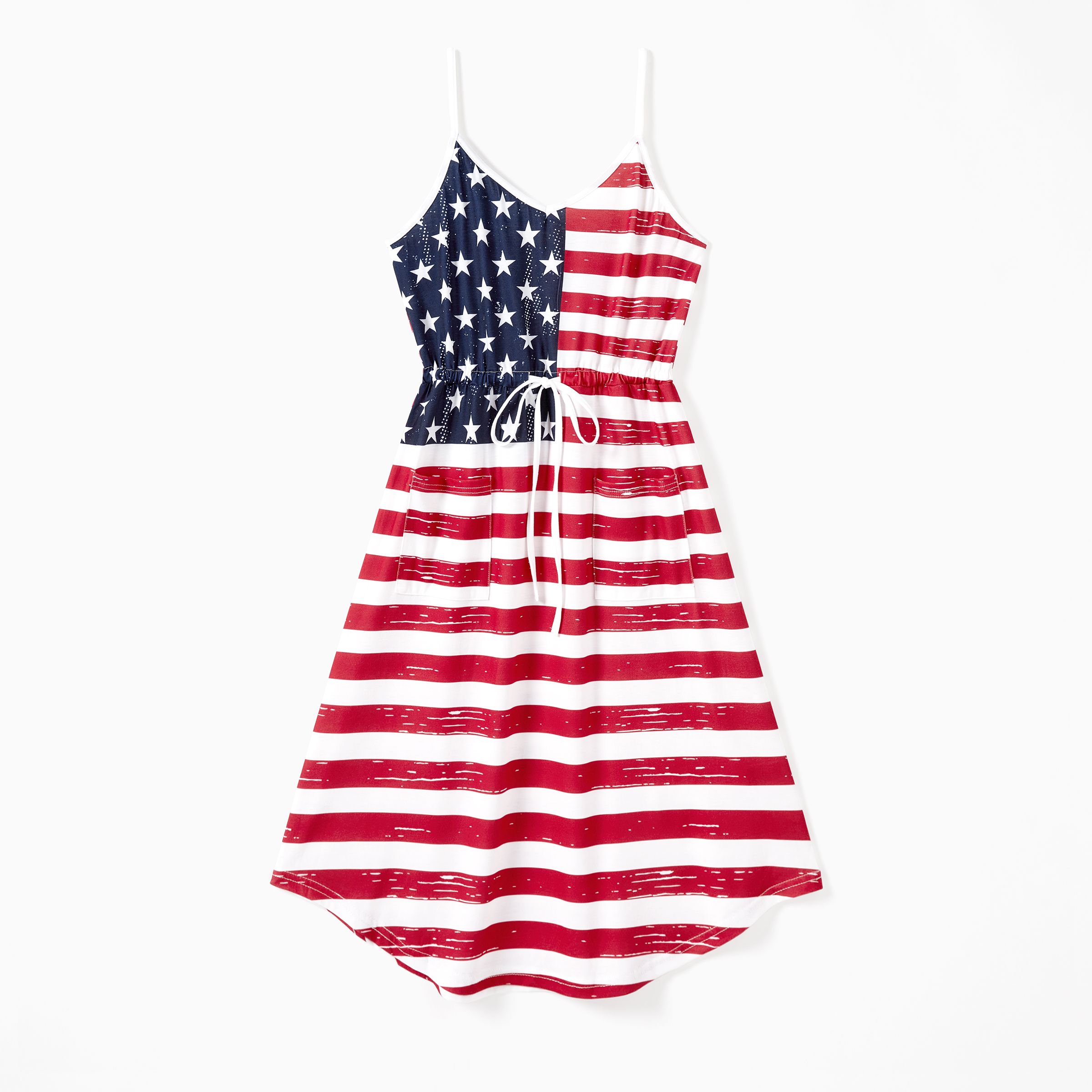 

Independence Day Family Matching Sets Sunglasses Print Tee and American Flag Print Drawstring Waist Strap Dress with Pockets