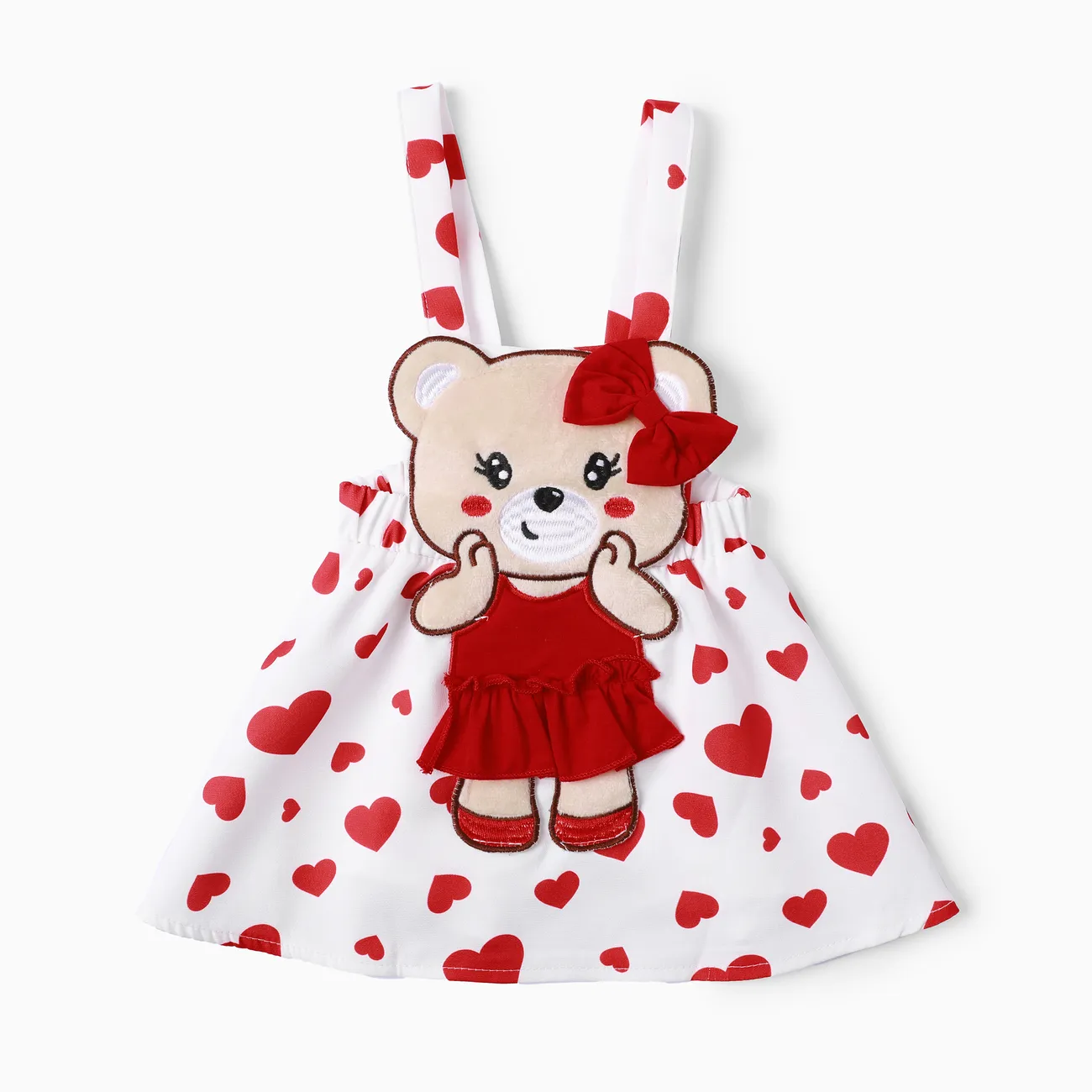 Baby Girl 3pcs Solid Romper and Bear Embroidery Overall Dress with Headband Set Red big image 1