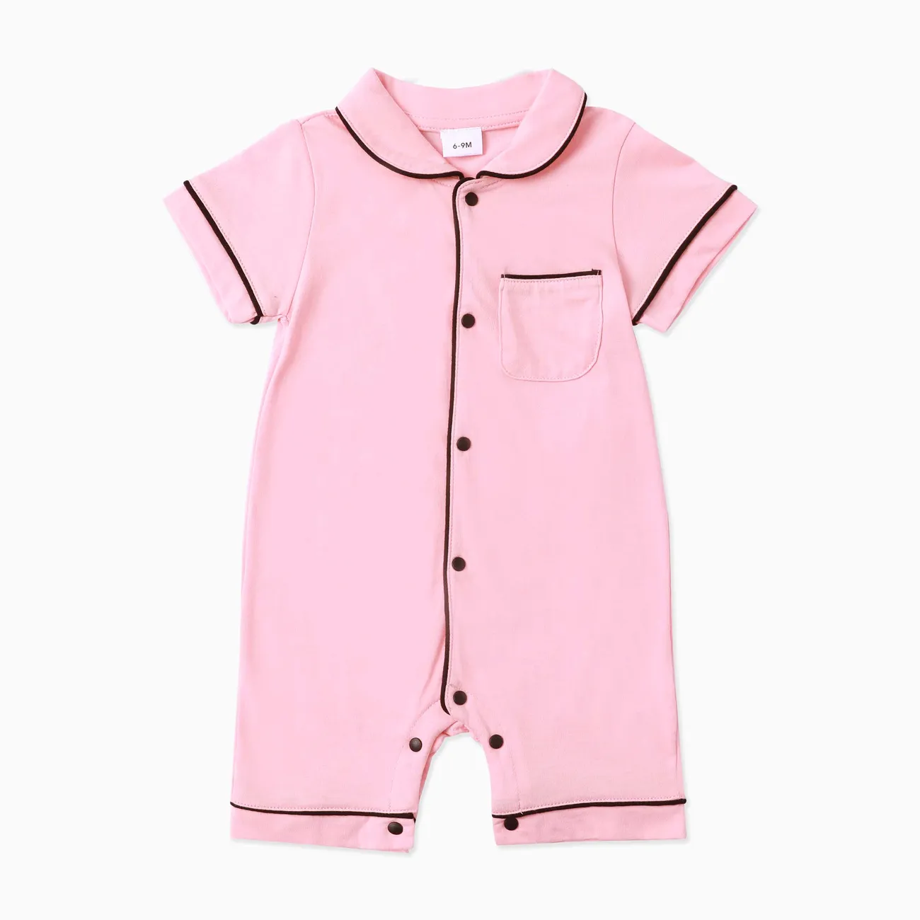Baby Girl/Boy Solid Cotton Color-block Short Sleeves Lapel Jumpsuit Pink big image 1