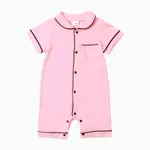 Baby Girl/Boy Solid Cotton Color-block Short Sleeves Lapel Jumpsuit Pink