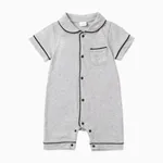 Baby Girl/Boy Solid Cotton Color-block Short Sleeves Lapel Jumpsuit Grey