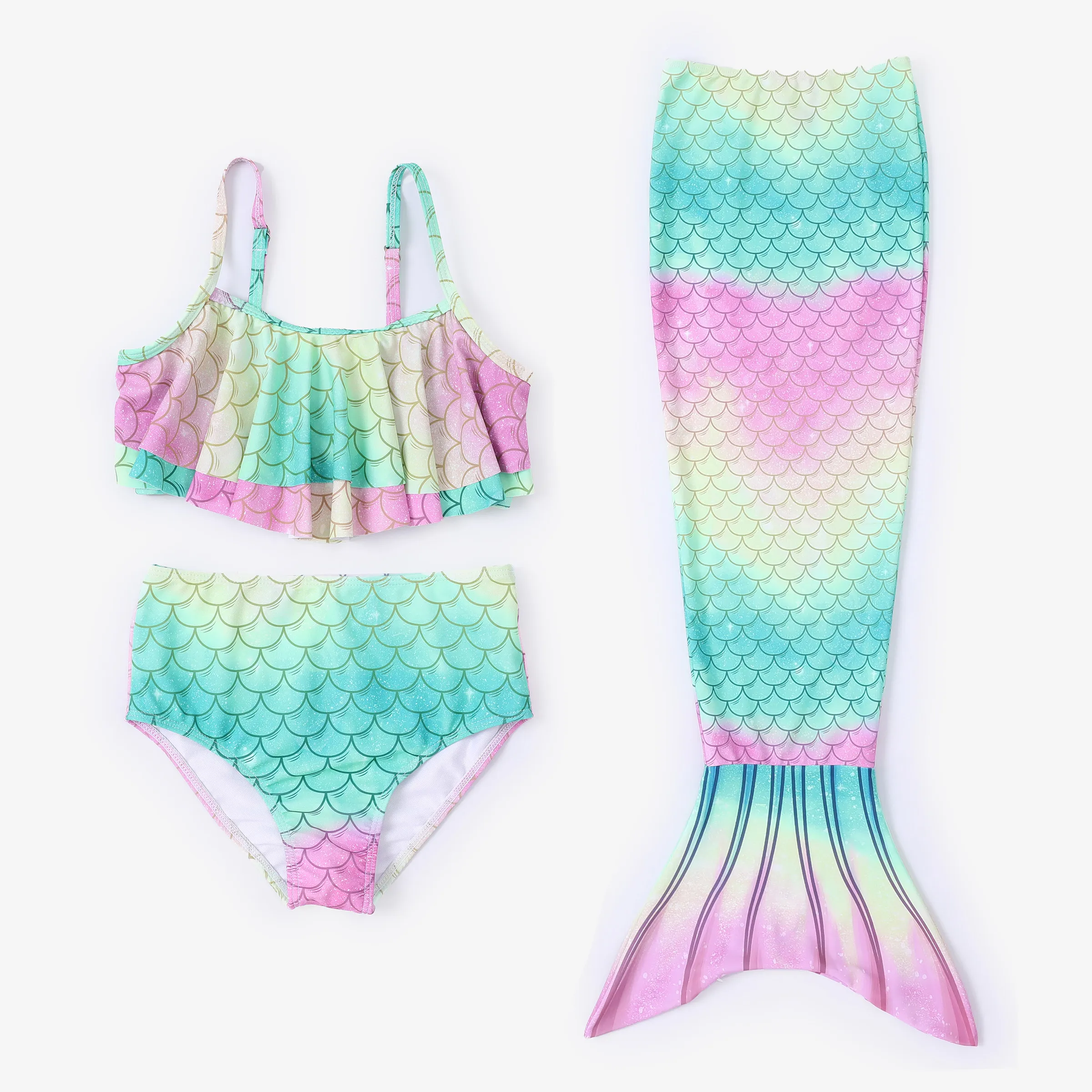 

3pcs Todder/Kid Girl Ruffled Top and Bottom and Mermaid Tail Swimsuits Set