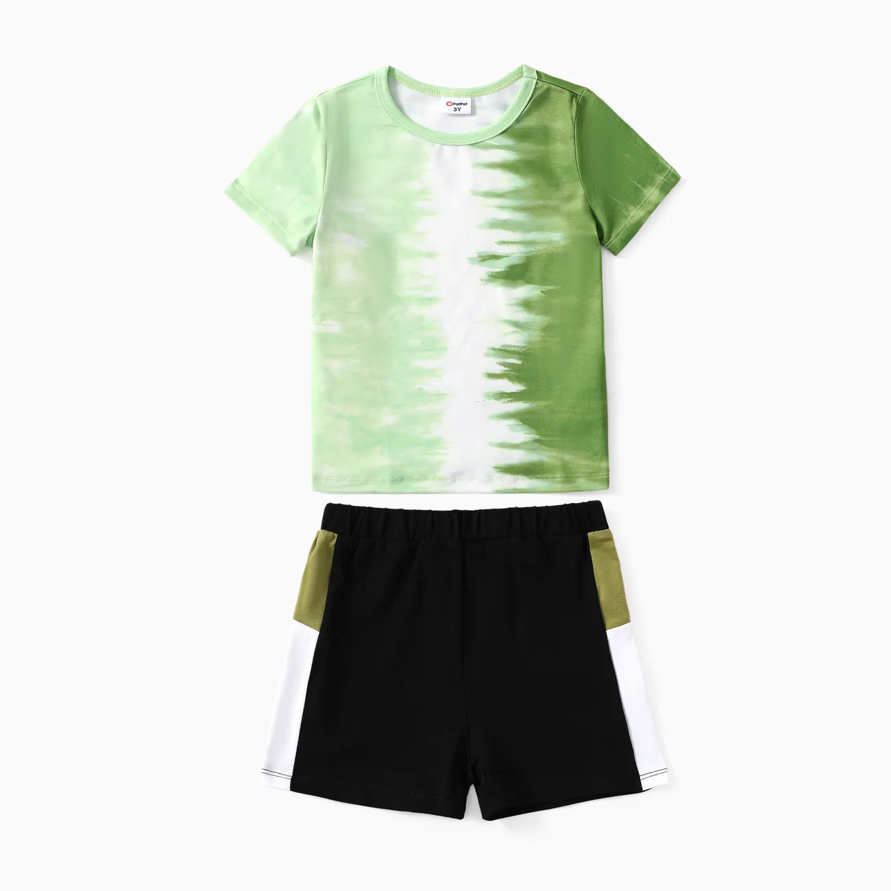 Toddler Boy 2pcs Tie-dyed Tee and Solid Shorts Set GrassGreen big image 1