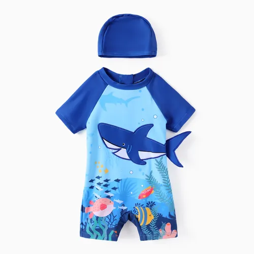 Baby Boy 2pcs Marine Shark Print Swimsuit with Swimming Cap 