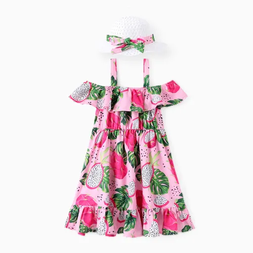 Toddler Girl 2pcs Fruit Print Ruffled Cami Dress with Straw Hat