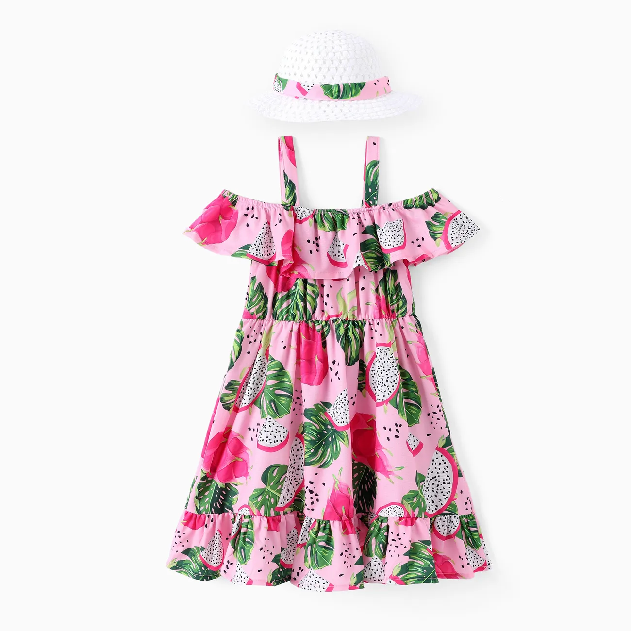 Toddler Girl 2pcs Fruit Print Ruffled Cami Dress with Straw Hat Multicolour-1 big image 1