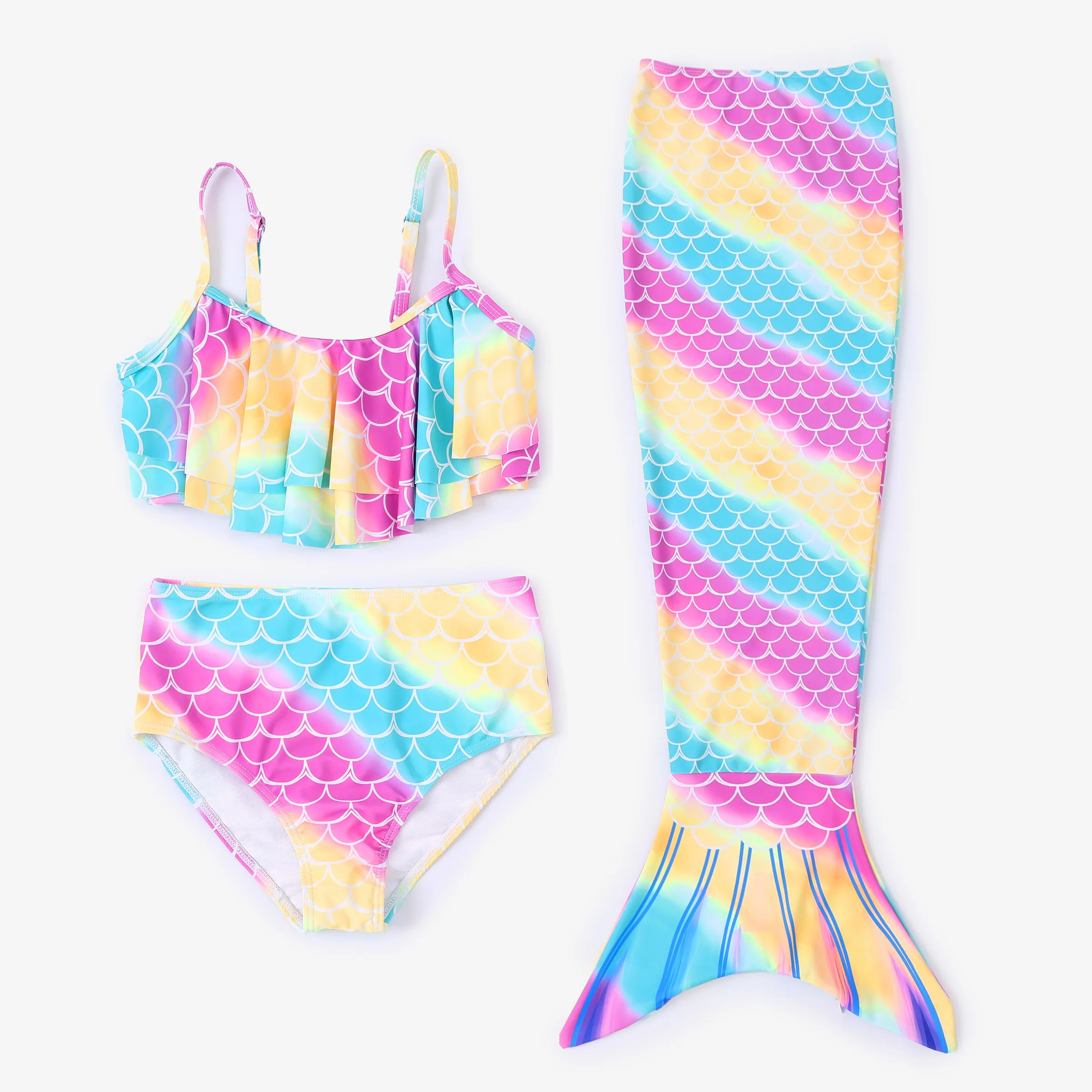 

3pcs Todder/Kid Girl Ruffled Top and Bottom and Mermaid Tail Swimsuits Set