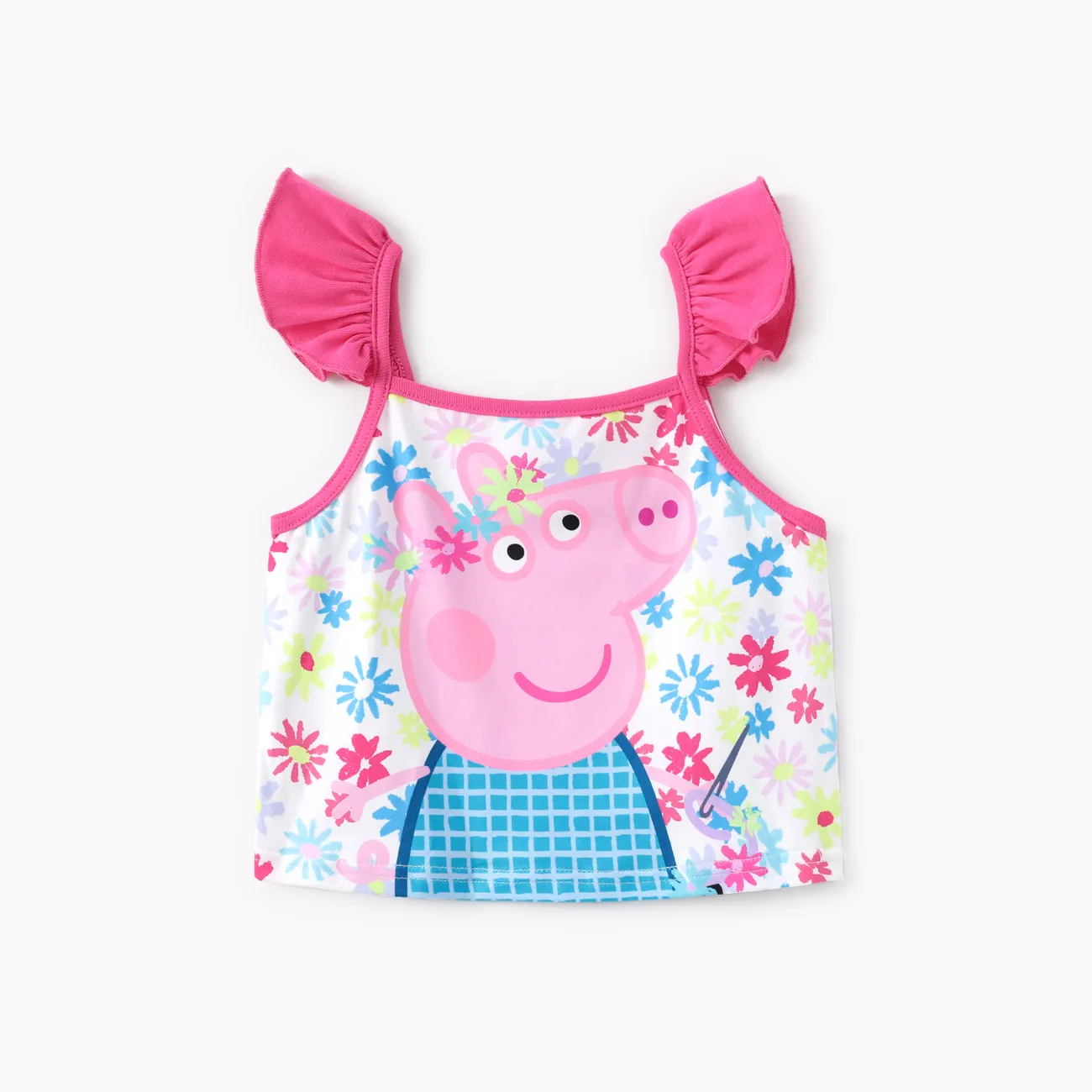 Peppa Pig Toddler Girls 2pcs Floral Character Print Flutter-sleeve Top with Overalls Denim Pocket Dress Multi-color big image 1