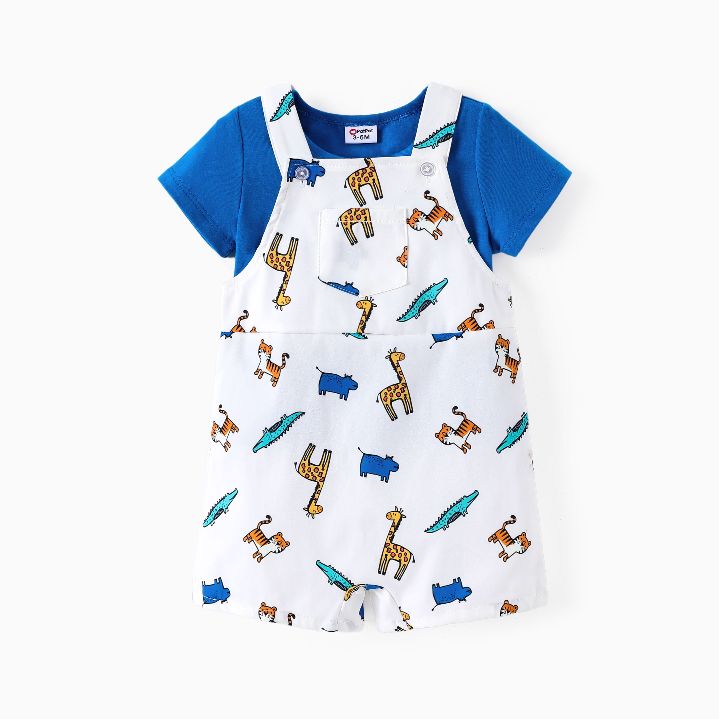 Baby Boy 2pcs Childlike Solid Tee and Animal Pattern Overalls Set