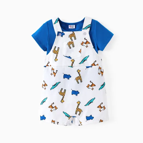 Baby Boy 2pcs Childlike Solid Tee y Animal Pattern Overalls Set