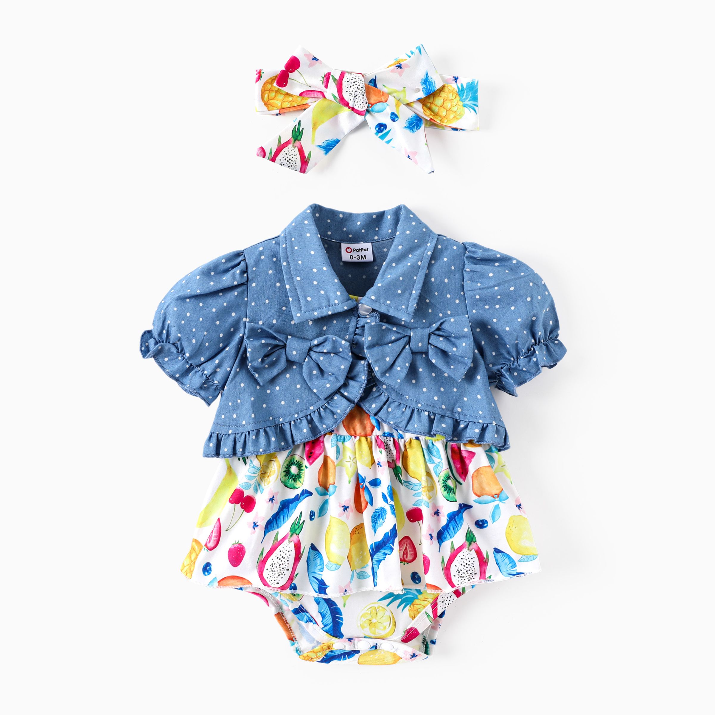 Baby Girl 3pcs Denim Jacket and Fruit Print Romper and Headband Set