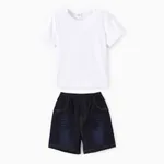 Juego de camisetas y pantalones cortos sólidos de mezclilla refrescante para niños pequeños / niños pequeños / niños azul profundo