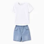 Toddler/Kid 2pcs Cooling Denim Solid Tee e Shorts Set Azul Claro