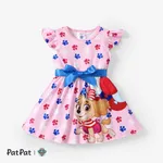 Paw Patrol Toddler Girls Independence Day 1pc Character Paw and Flag Star Pentagram All-over Print Bowknot Flutter-sleeve Dress Pink