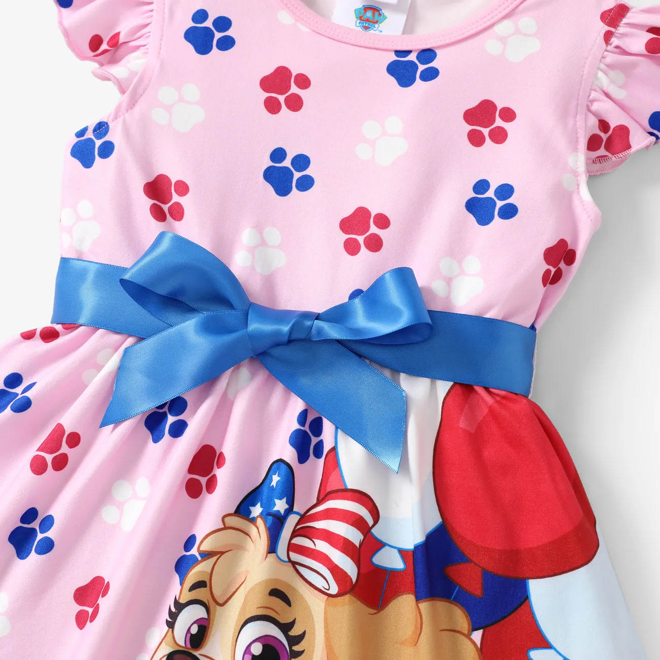 Paw Patrol Toddler Girls Independence Day 1pc Character Paw and Flag Star Pentagram All-over Print Bowknot Flutter-sleeve Dress Pink big image 1