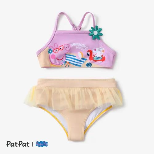 Peppa Pig Toddler Girls 2pcs Summer Beach Style Floral Ruffle Mesh Swimsuit 