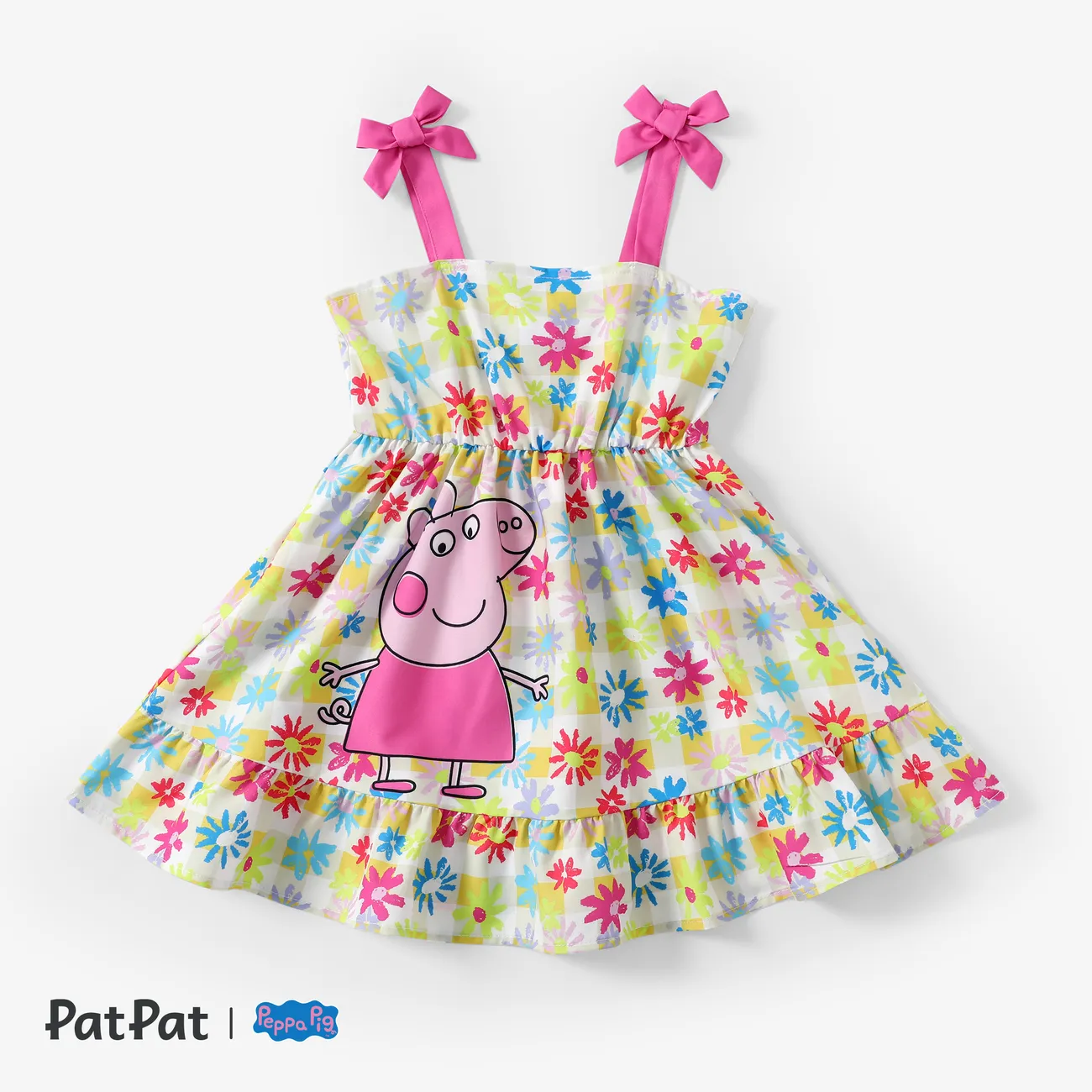 Peppa Pig Toddler Girls 1pc Floral Character Print Bowknot Strap Sleeveless Dress Yellow big image 1