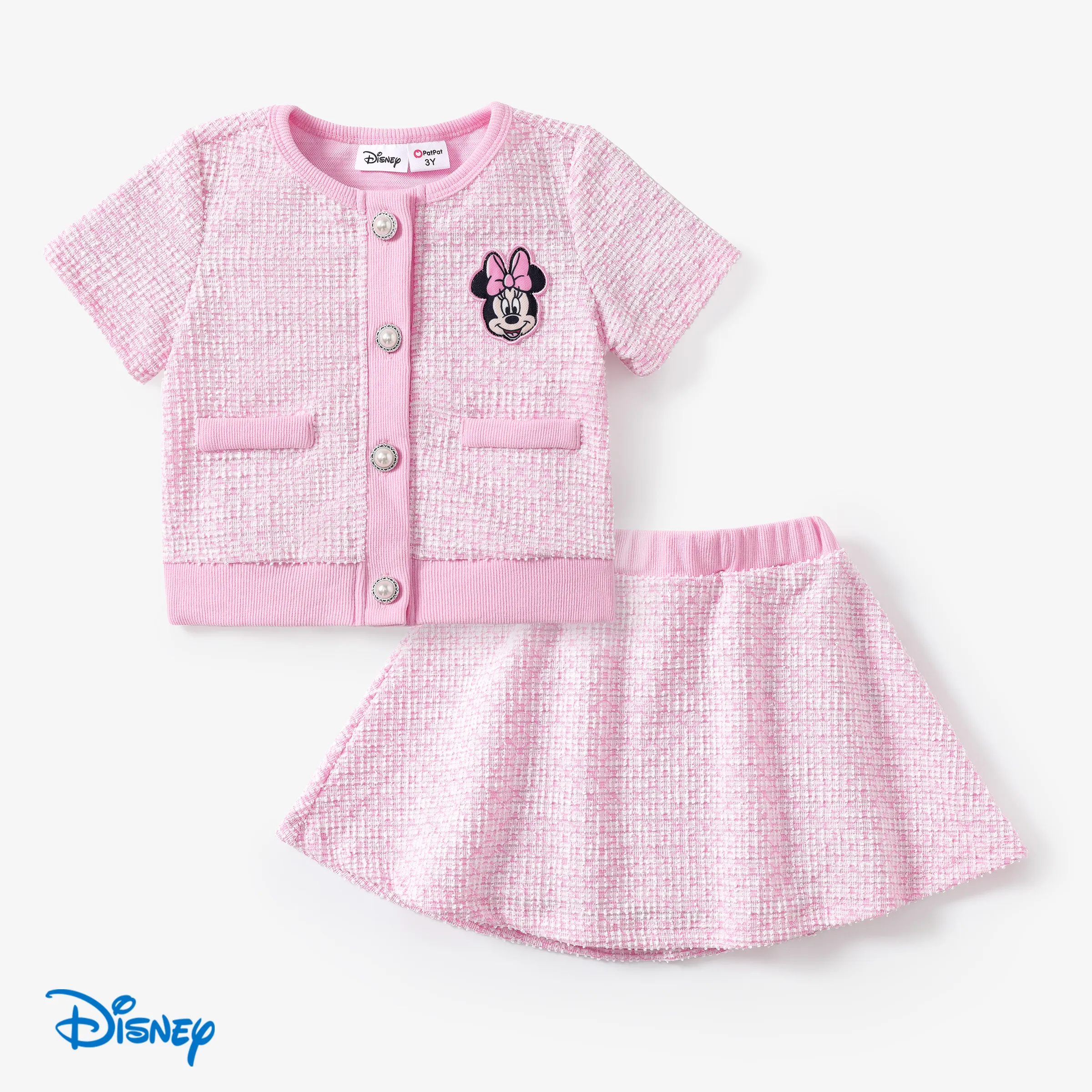 迪士尼米奇和朋友們蹣跚學步/小女孩 2 件甜美粉色千鳥格祕密紐扣上衣帶裙子套裝