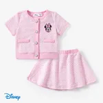 Disney Mickey and Friends Toddler/Kid Girls 2pcs Sweet Pink Houndstooth Secret Button Top with Skirt Set Pink