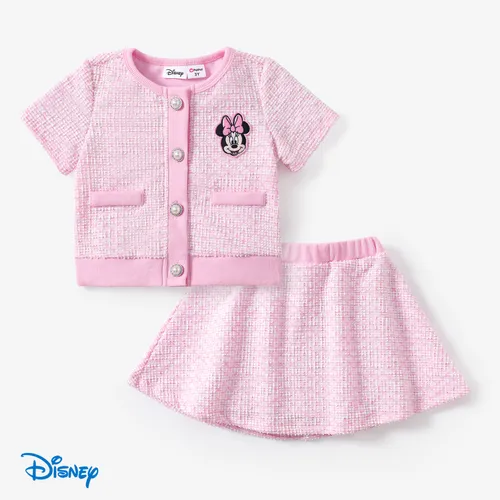 Disney Mickey and Friends Toddler/Kid Girls 2pcs Sweet Pink Houndstooth Secret Button Top with Skirt Set
