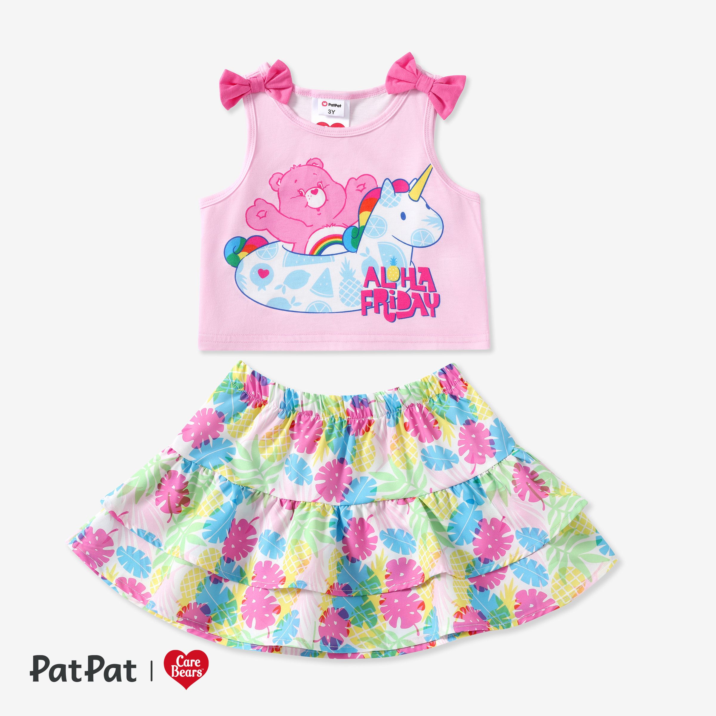 

Care Bears Toddler Girls 2pcs Bowknot Unicorn Print Tank Top with Summer Vibe Floral Print Ruffle Cake Skirt Set
