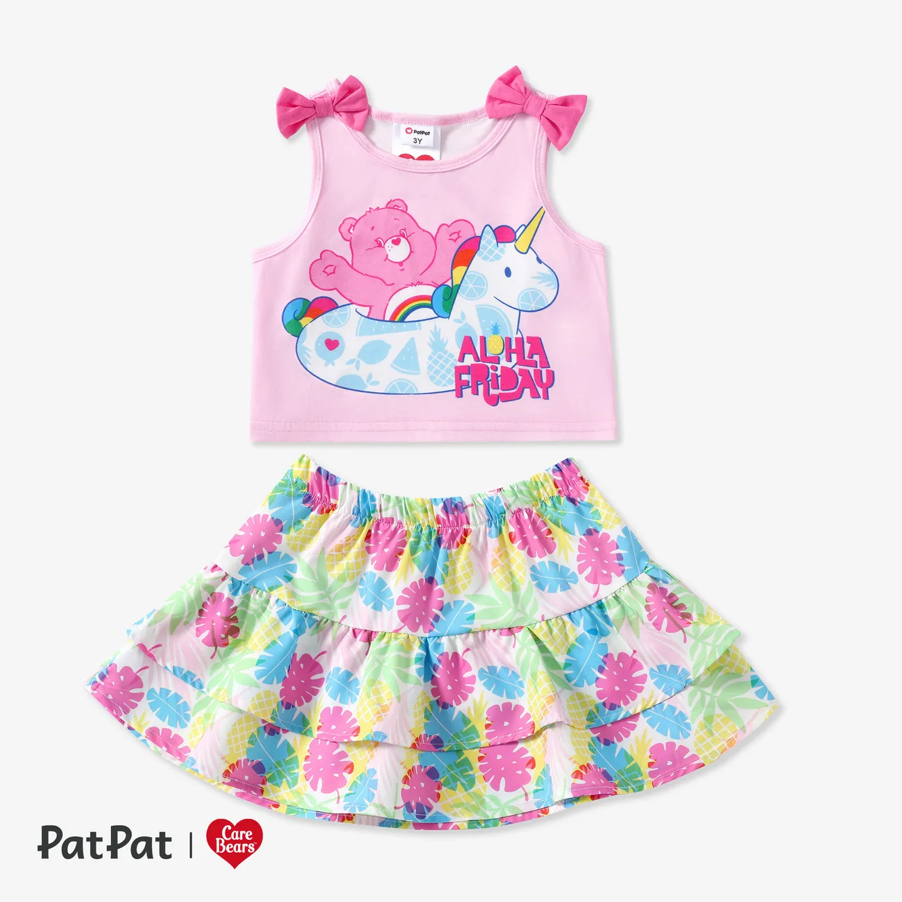 Care Bears Toddler Girls 2pcs Bowknot Unicorn Print Tank Top with Summer Vibe Floral Print Ruffle Cake Skirt Set Pink big image 1