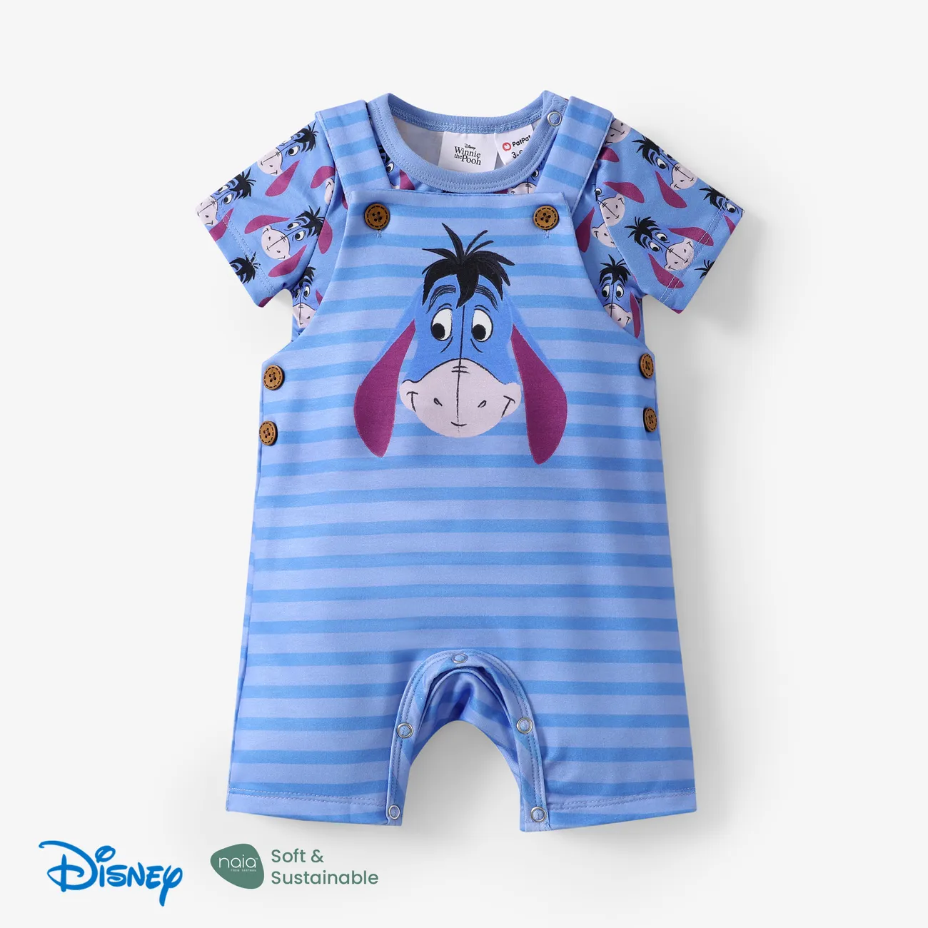 Disney Winnie the Pooh Baby Boys/Girls 2pcs Naia™ Character All-over Print Tee with Striped Overall Set Blue big image 1