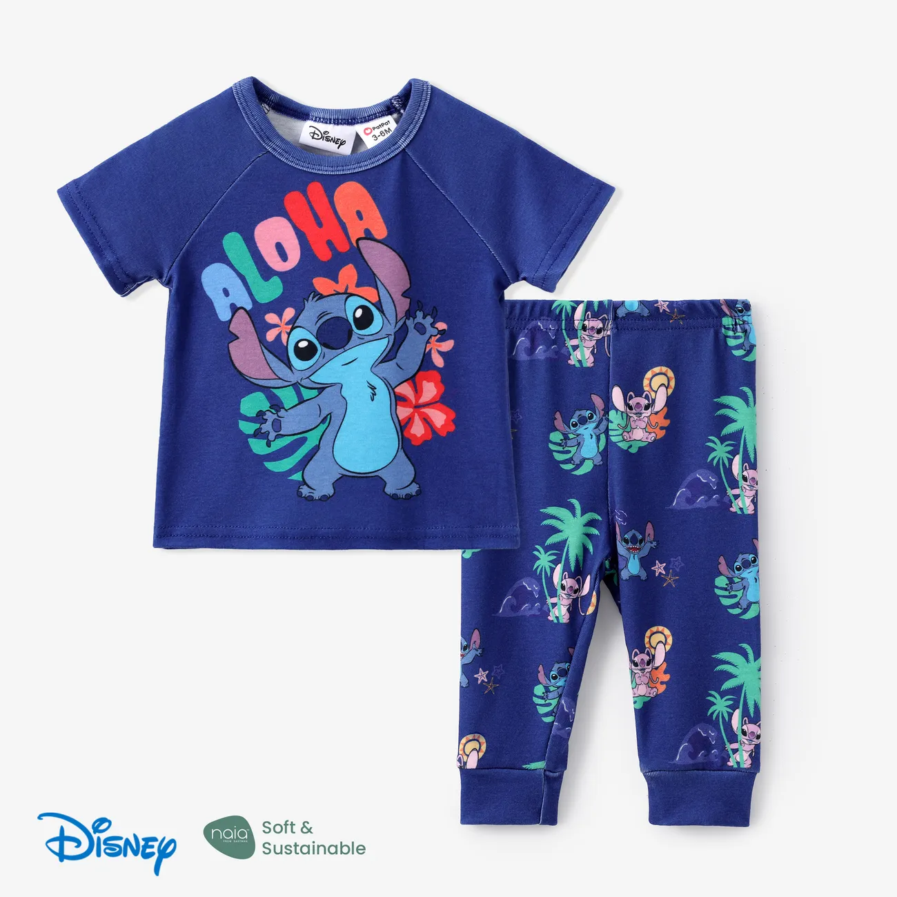 迪士尼針跡 2件 嬰兒 中性 熱帶植物花卉 童趣 短袖 嬰兒套裝 深藍色 big image 1