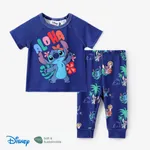 迪士尼針跡 2件 嬰兒 中性 熱帶植物花卉 童趣 短袖 嬰兒套裝 深藍色