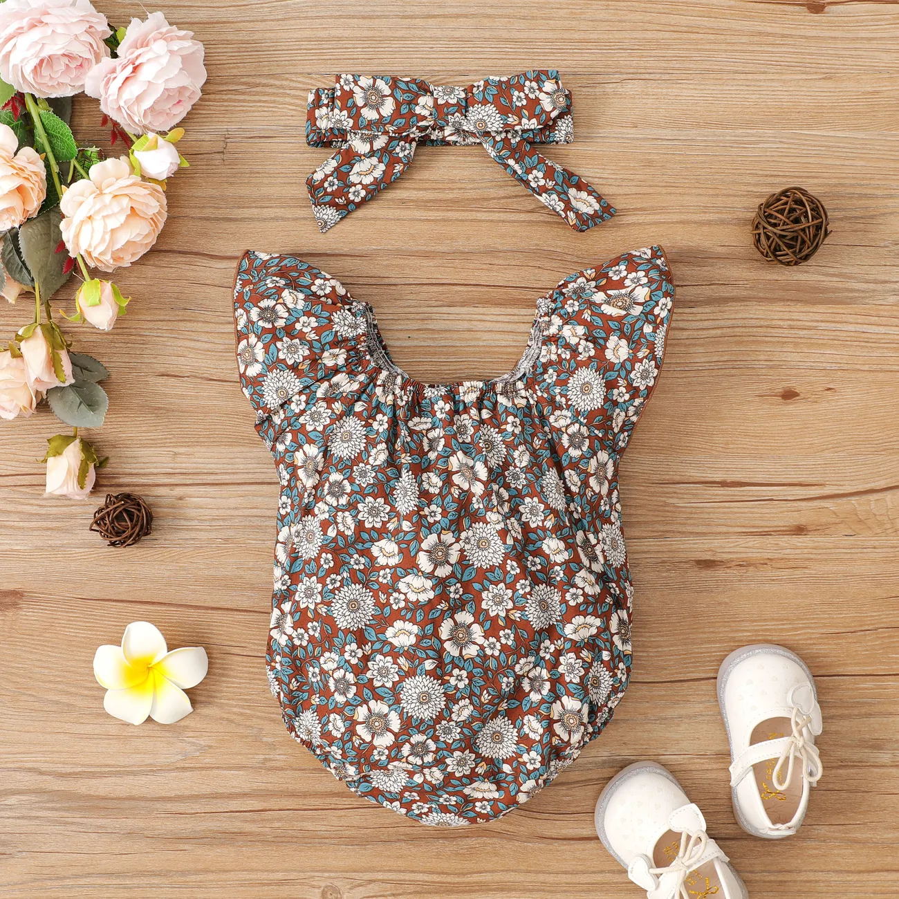 Girl's Sleeveless Romper with Floral Design, 2-Piece Set, Sweet Style, 100% Cotton, Baby One Piece Brown- big image 1