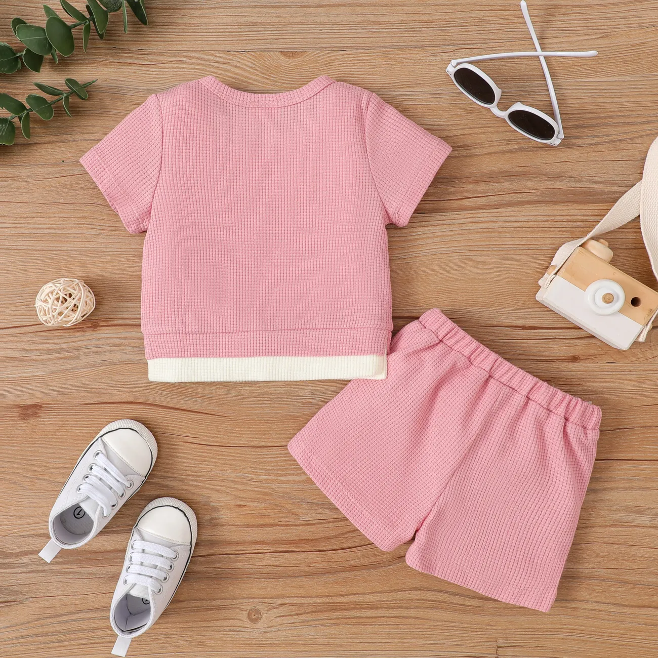 Baby/Toddler Boy/Girl 2pcs Bear Embroidery Tee and Shorts Set Pink big image 1