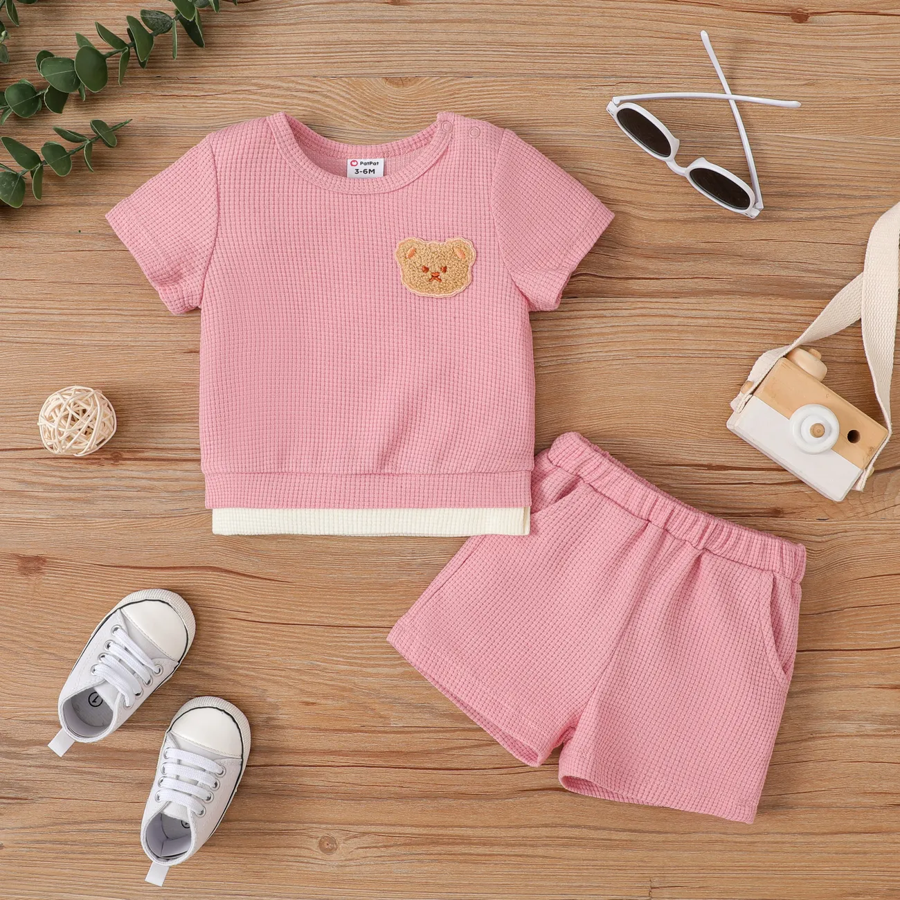 嬰兒/幼兒男孩/女孩 2 件套熊刺繡 T 恤和短褲套裝 粉色 big image 1