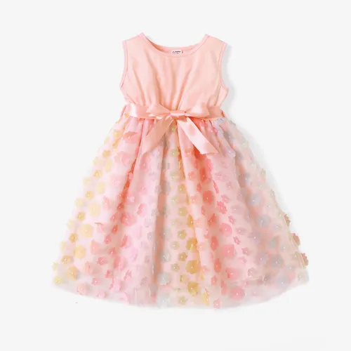 Kid Girl 3D Floral Design Mesh Splice Belted Sleeveless Fairy Dress