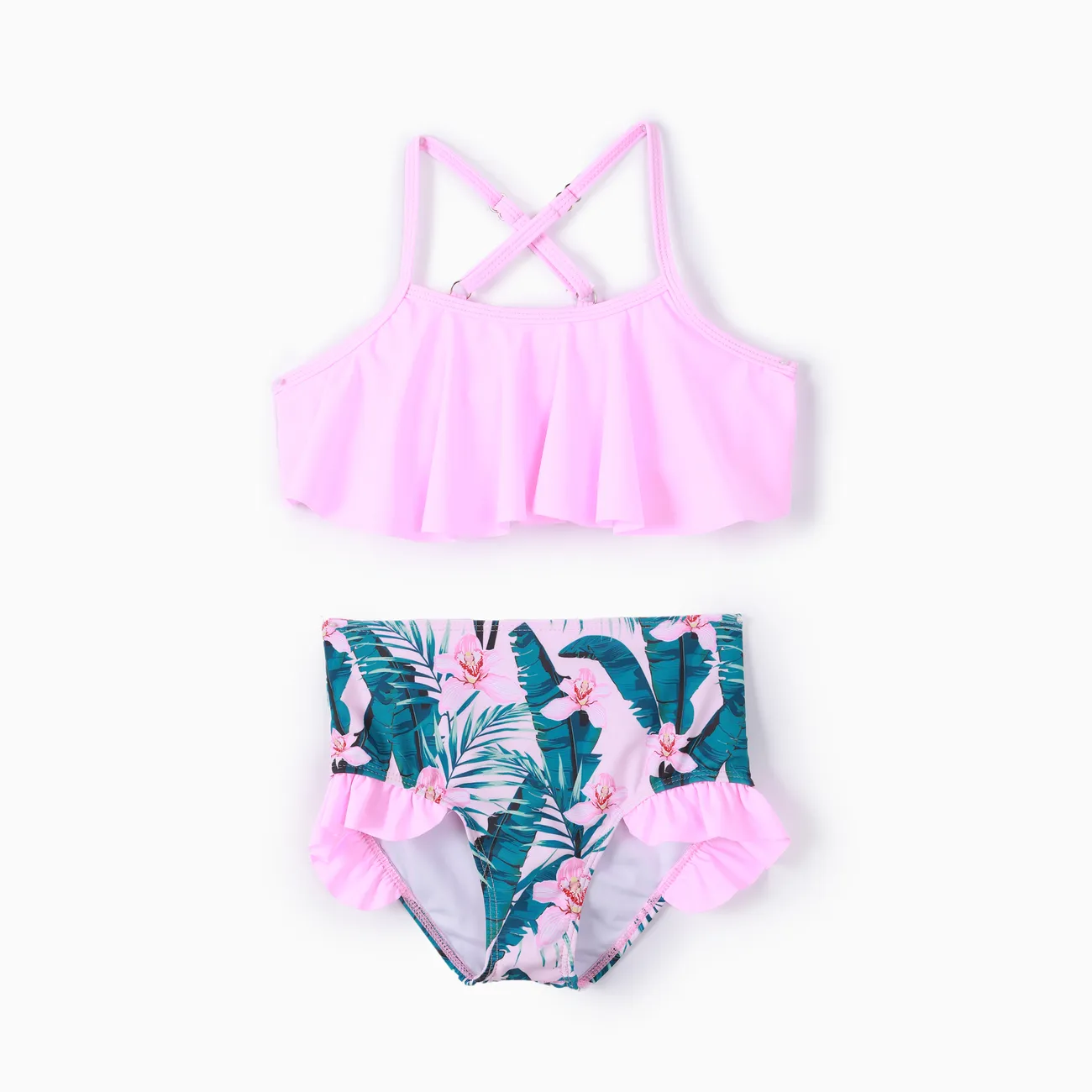 Kid Girl 3pcs Floral Print Cardigan and Ruffled Top and Shorts Swimsuits Set Hot Pink big image 1