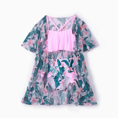 Kid Girl 3pcs Cárdigan con estampado floral y top con volantes y conjunto de trajes de baño cortos
