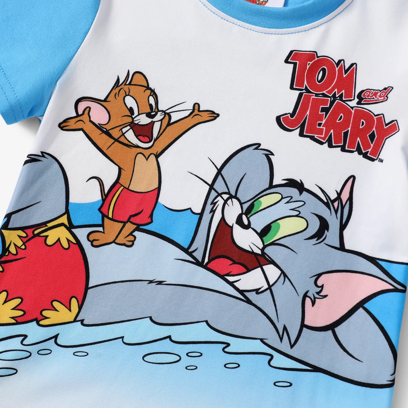 Tom and Jerry Toddler Kids 2pcs Gradient Beach Print T-shirt with Short Set Blue big image 1