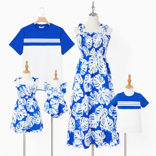 Family Matching Color Block Tee and Blue Leaf Pattern Shirred Top Strap Dress Sets