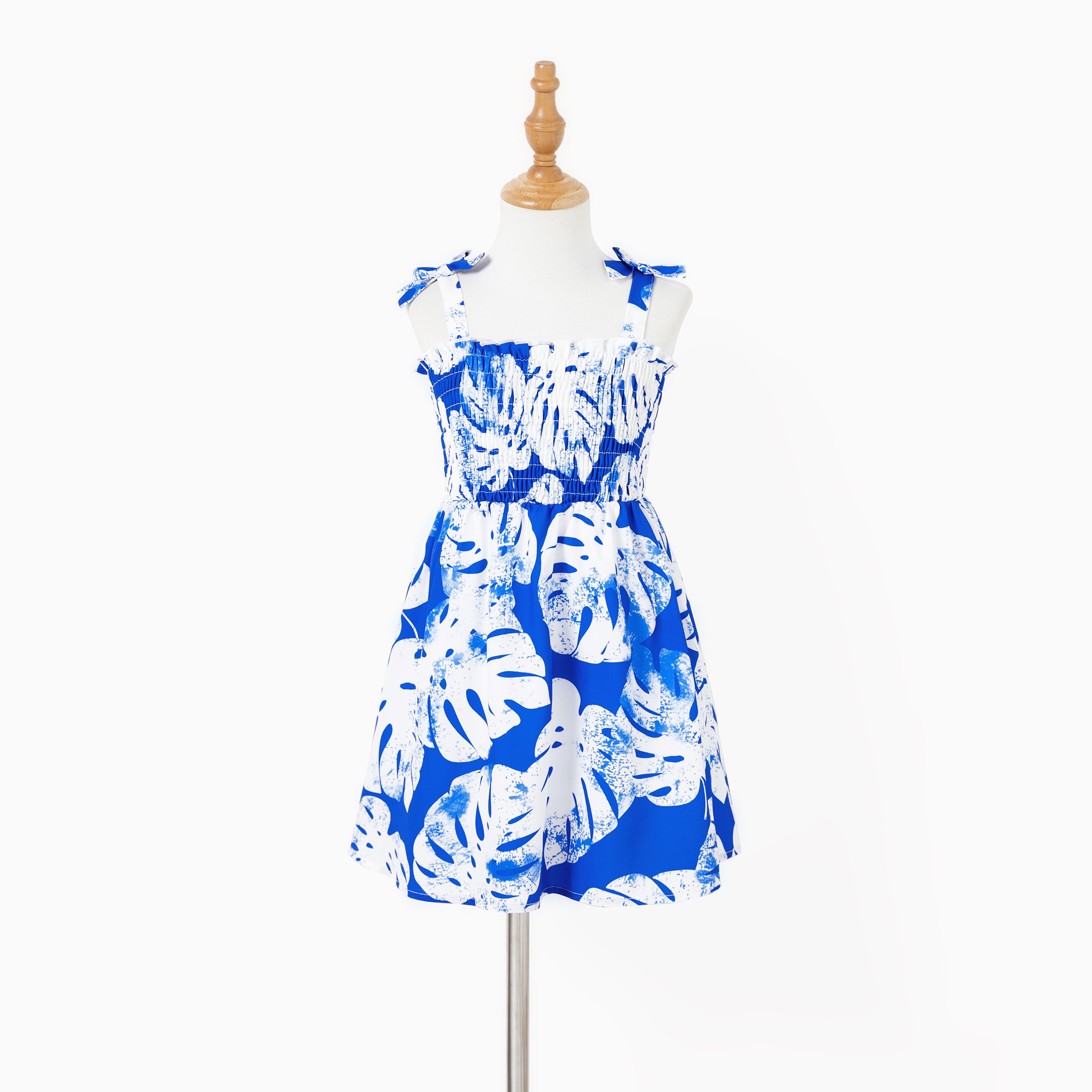 

Family Matching Color Block Tee and Blue Leaf Pattern Shirred Top Strap Dress Sets
