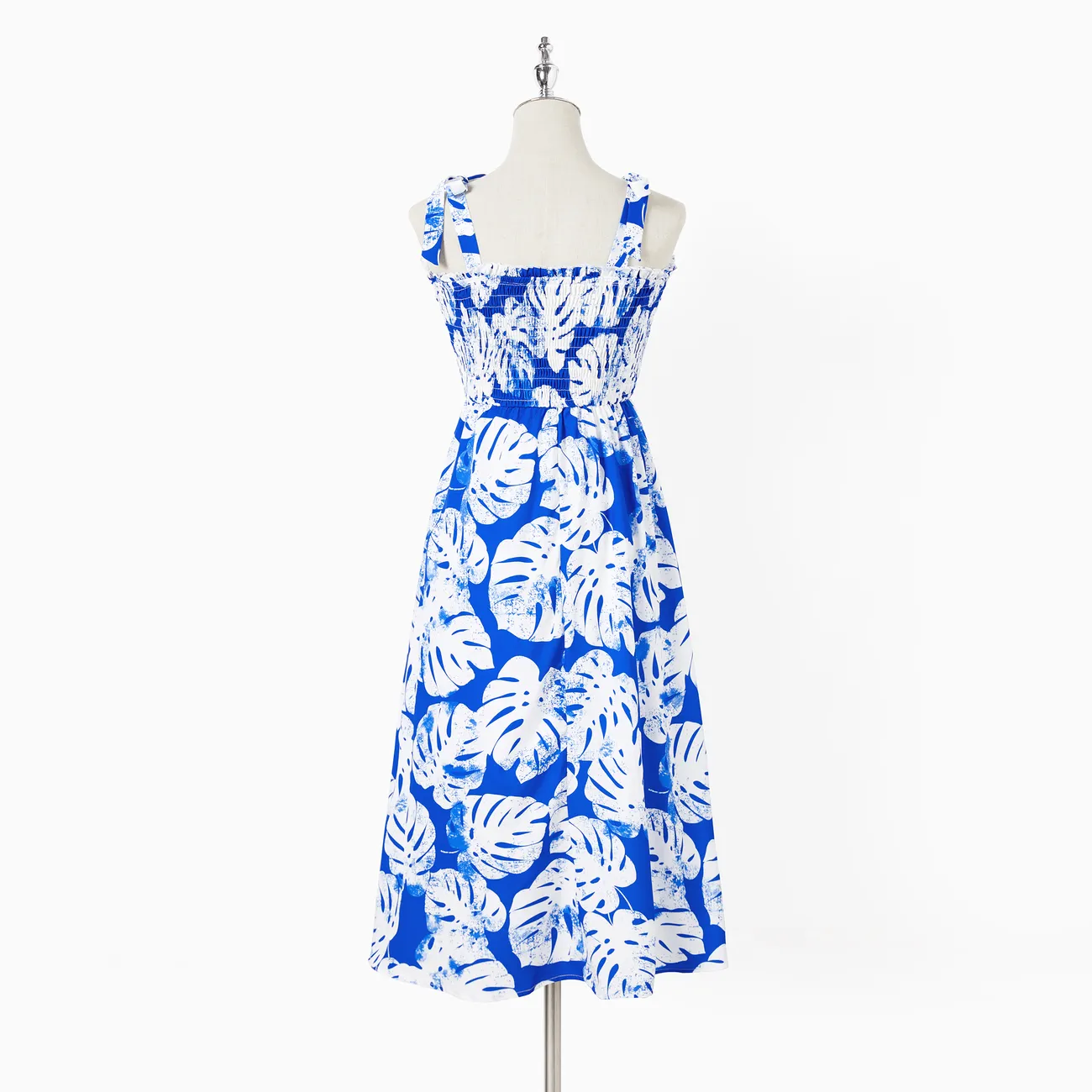 Family Matching Color Block Tee and Blue Leaf Pattern Shirred Top Strap Dress Sets Blue big image 1