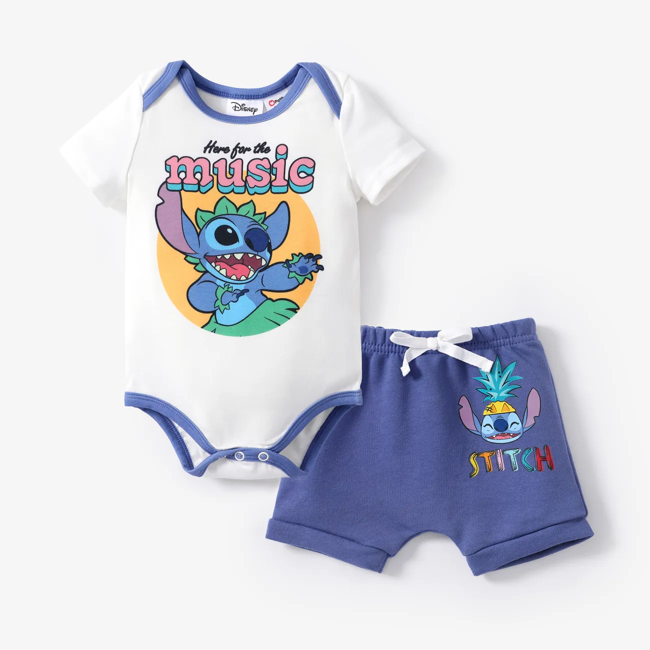 Disney Stitch Baby Boys/Girls 2pcs Naia™ Hawaii-theme Character Print Onesie with Cotton Shorts Set Blue big image 1