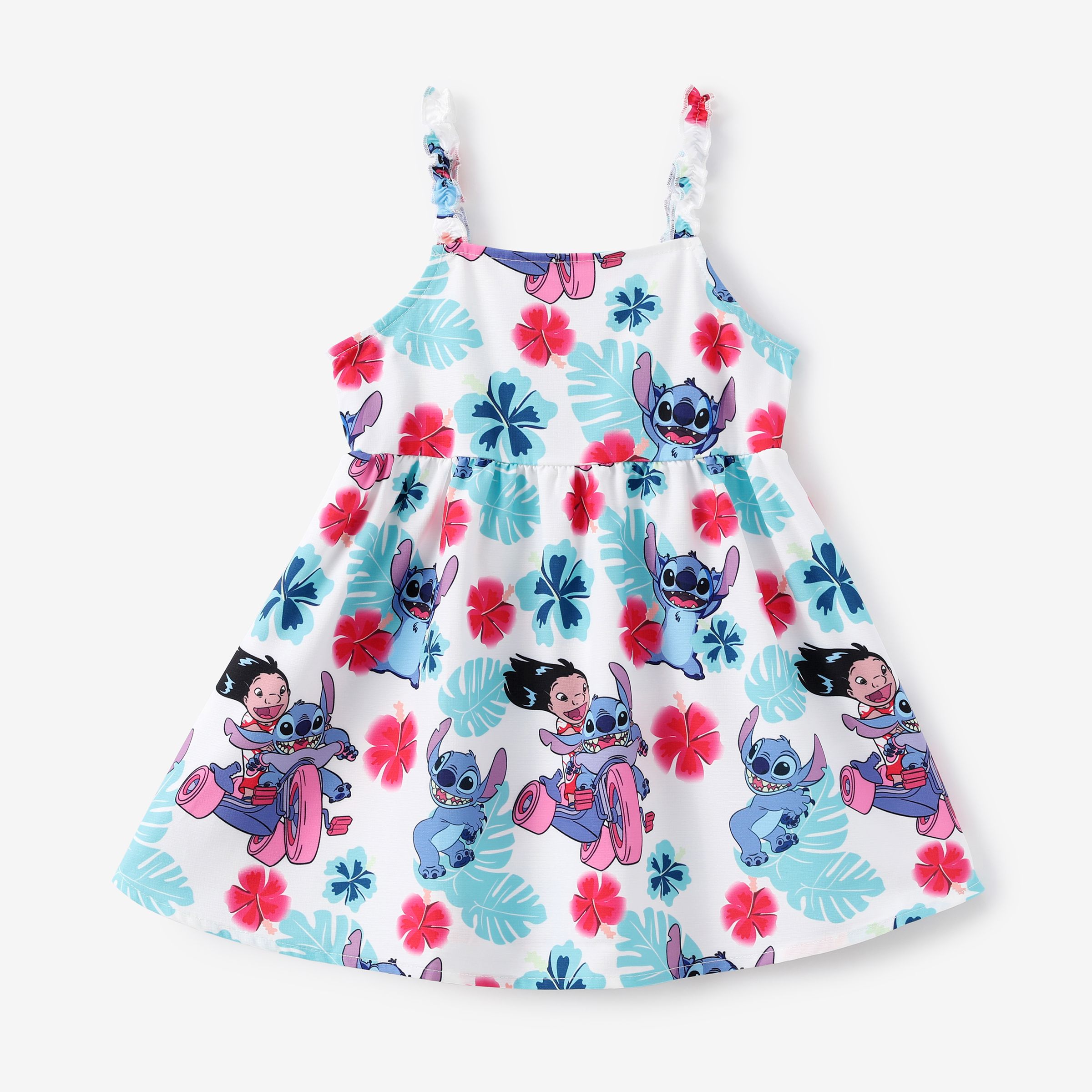 

Disney Stitch Toddler Girls 1pc Tropical Plant Flower Print Sleeveless Ruffle Dress