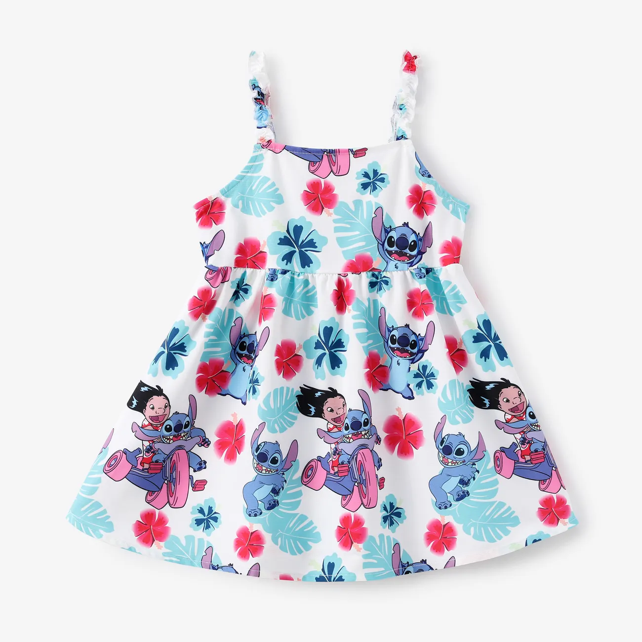 Disney Stitch Toddler Girls 1pc Tropical Plant Flower Print Sleeveless Ruffle Dress Colorful big image 1