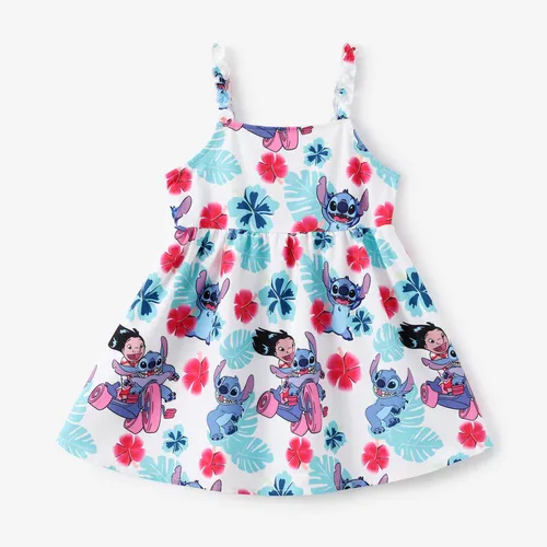 Disney Stitch Toddler Girls 1件熱帶植物花卉印花無袖荷葉邊連衣裙