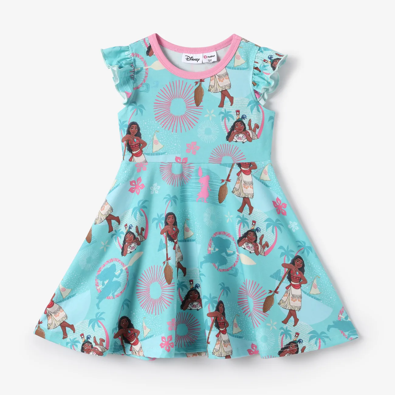 Disney Princess Toddler Girls Moana/Ariel 1pc Naia™ Tropical Flower and Plant Print Flutter-sleeve Dress Green big image 1