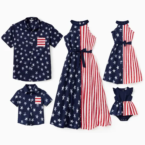 Independence Day Family Matching American Flag Print Shirt and High Neck Halter Sleeveless Belted Midi Dress Sets