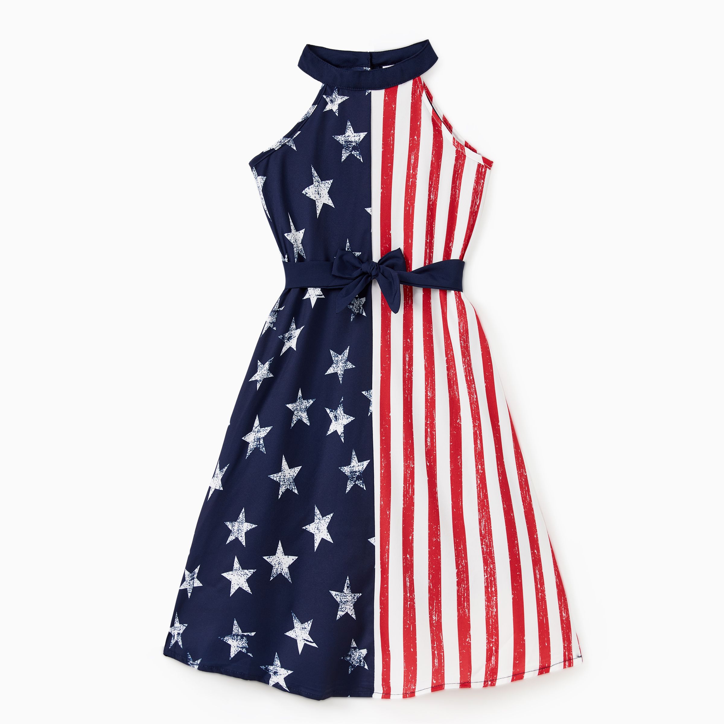 

Independence Day Family Matching American Flag Print Shirt and High Neck Halter Sleeveless Belted Midi Dress Sets