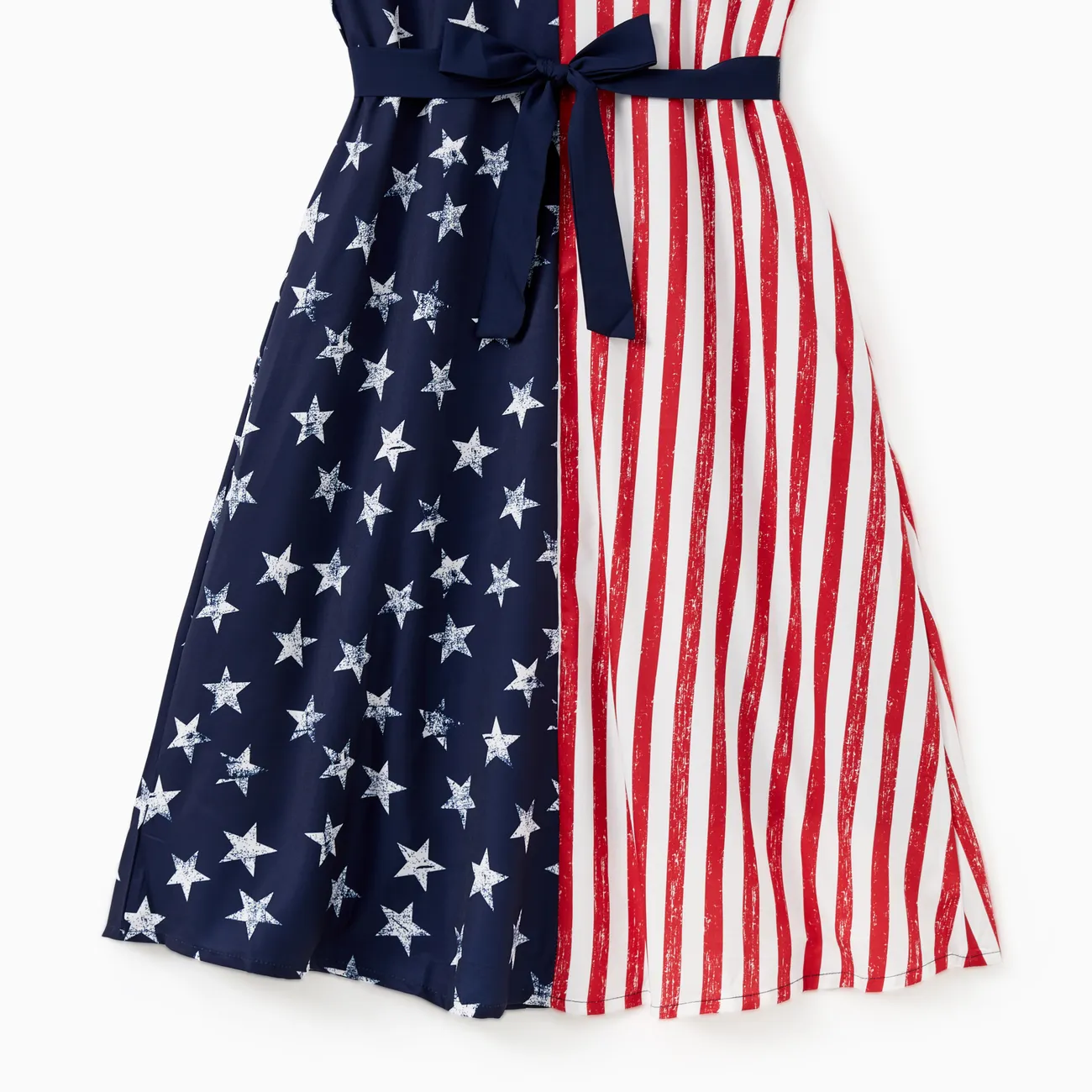 Independence Day Family Matching American Flag Print Shirt and High Neck Halter Sleeveless Belted Midi Dress Sets Color block big image 1