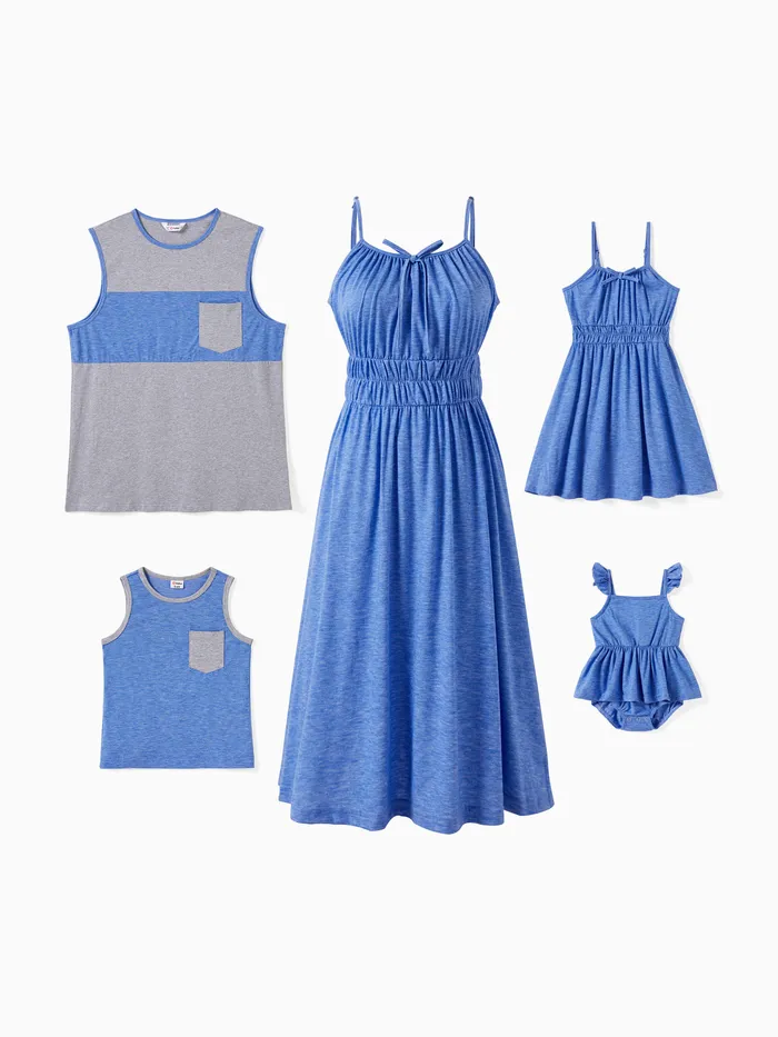 Familien-Matching-Sets: Farbblock-Baumwoll-Tanktop oder einfarbiges Kleid mit geraffter Brust und geschlossener Taille