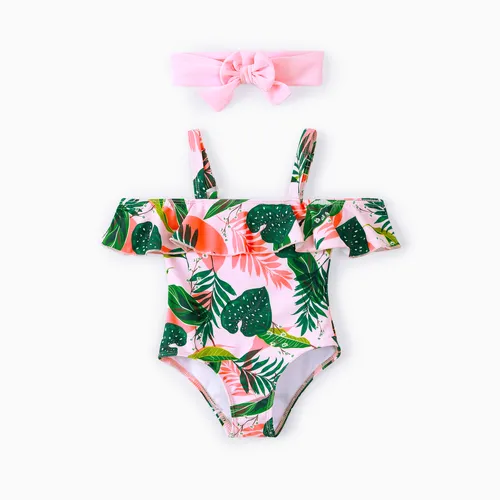 Toddler Girl 2pcs Floral Print Ruffled Swimsuit with Headband